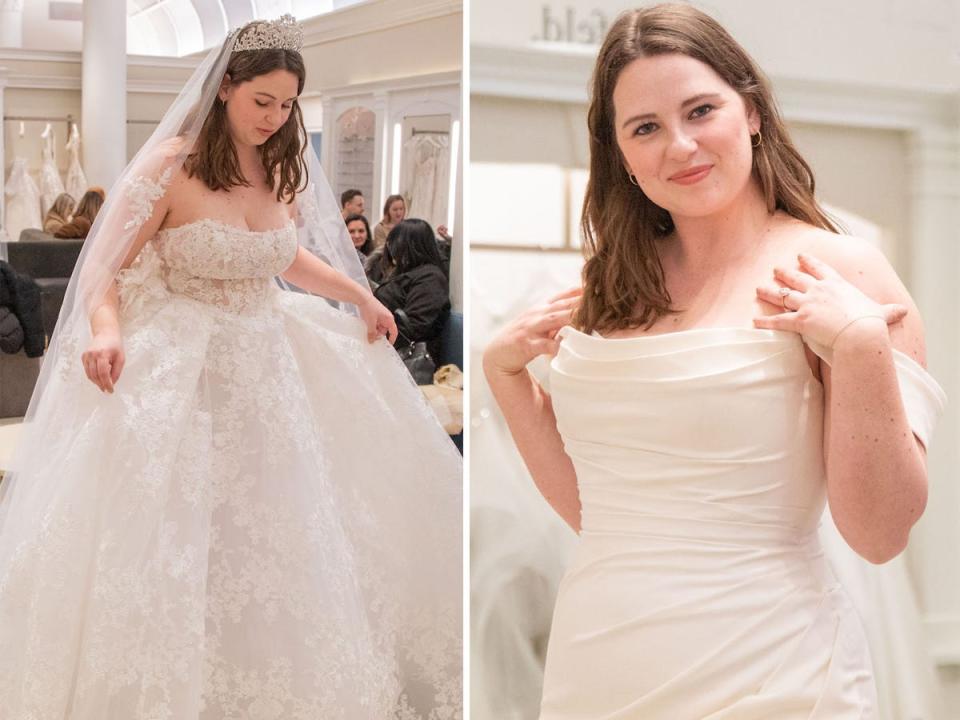 A side-by-side of the same woman in two different wedding dresses.