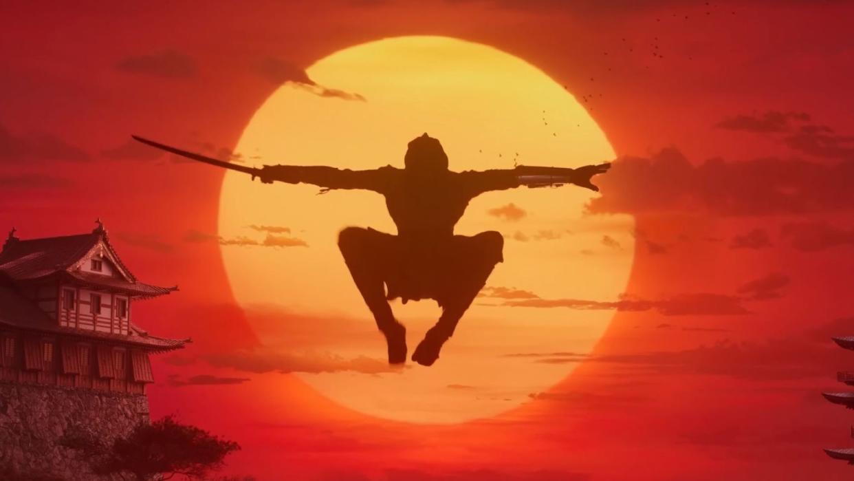  Shinobi mid-air , holding a blade outstretched with the sun setting behind them. 