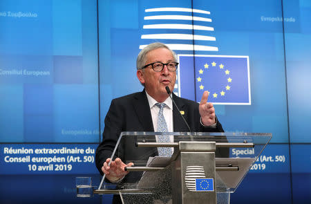 European Commission President Jean-Claude Juncker holds a news conference after an extraordinary European Union leaders summit to discuss Brexit, in Brussels, Belgium April 11, 2019. REUTERS/Yves Herman