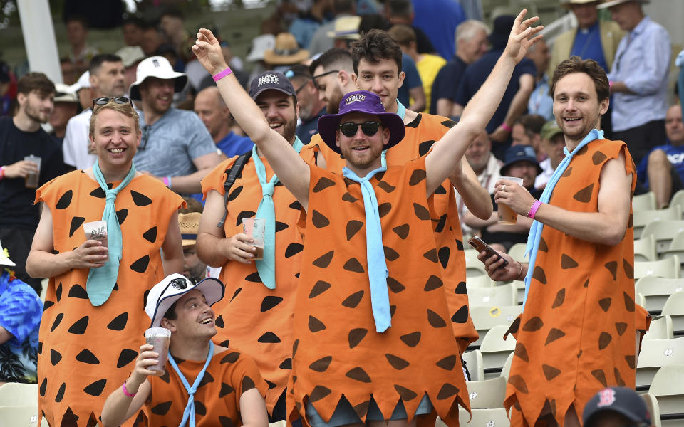 Cricket fans in fancy dress during day two of the first Ashes Test cricket match between England and Australia at Edgbaston, Birmingham, England, Saturday, June 17, 2023. (AP Photo/Rui Vieira)