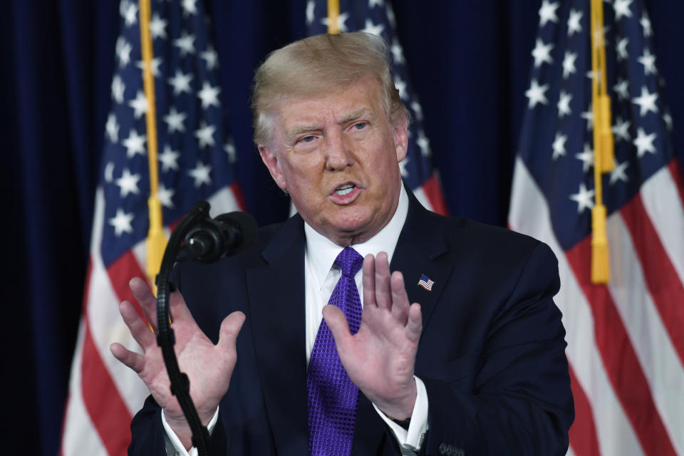 President Donald Trump speaks during a news conference at his Trump National Golf Club in Bedminster, N.J., Saturday, Aug. 15. (AP Photo/Susan Walsh)