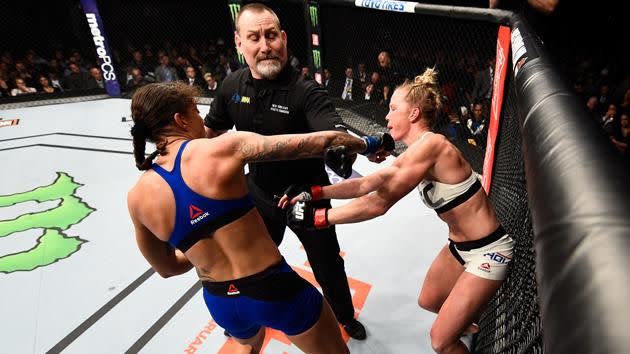 Germaine de Randamie connects with a late shot. Pic: Getty