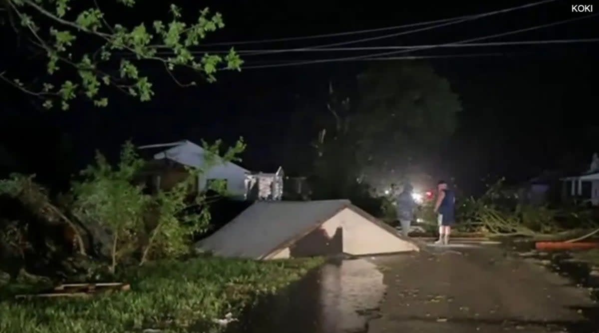 Damage is seen in Barnsdall, Oklahoma, after a tornado moved through the town on Monday night (FOX 23 Tulsa)