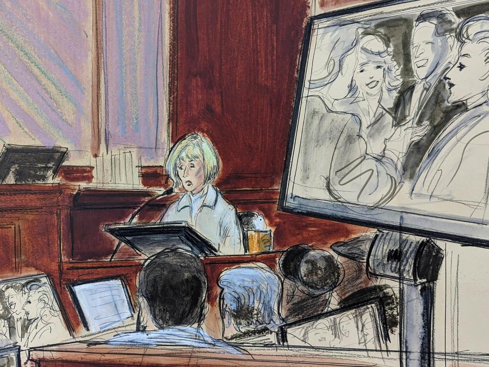 This courtroom sketch shows E. Jean Carroll testifying for a second day in her rape-defamation trial against Donald Trump in federal court in Manhattan.