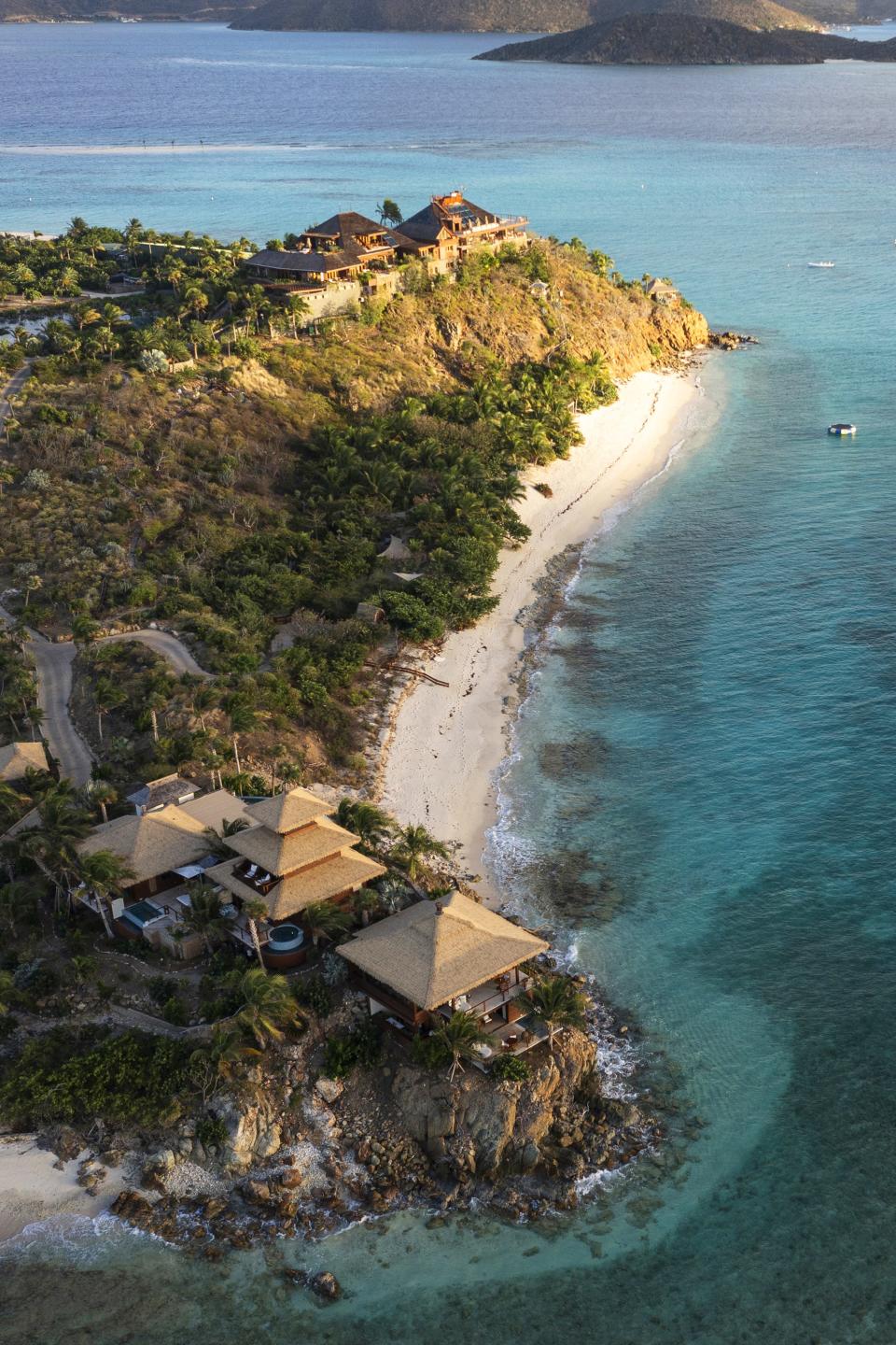 Necker Island's Great House (at top)—which burned down in 2011—is a short walk from the Bali High villa (at bottom)