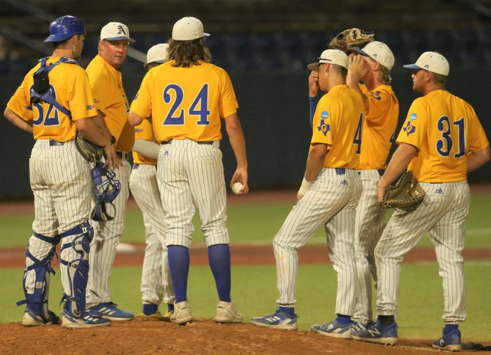 Angelo State University head baseball coach Kevin Brooks, second from left, has a meeting on the mound with the Ram during Game 4 of the NCAA D-II South Central Regional against Texas A&amp;M-Kingsville at Foster Field at 1st Community Credit Union Stadium on Friday, May 20, 2022.