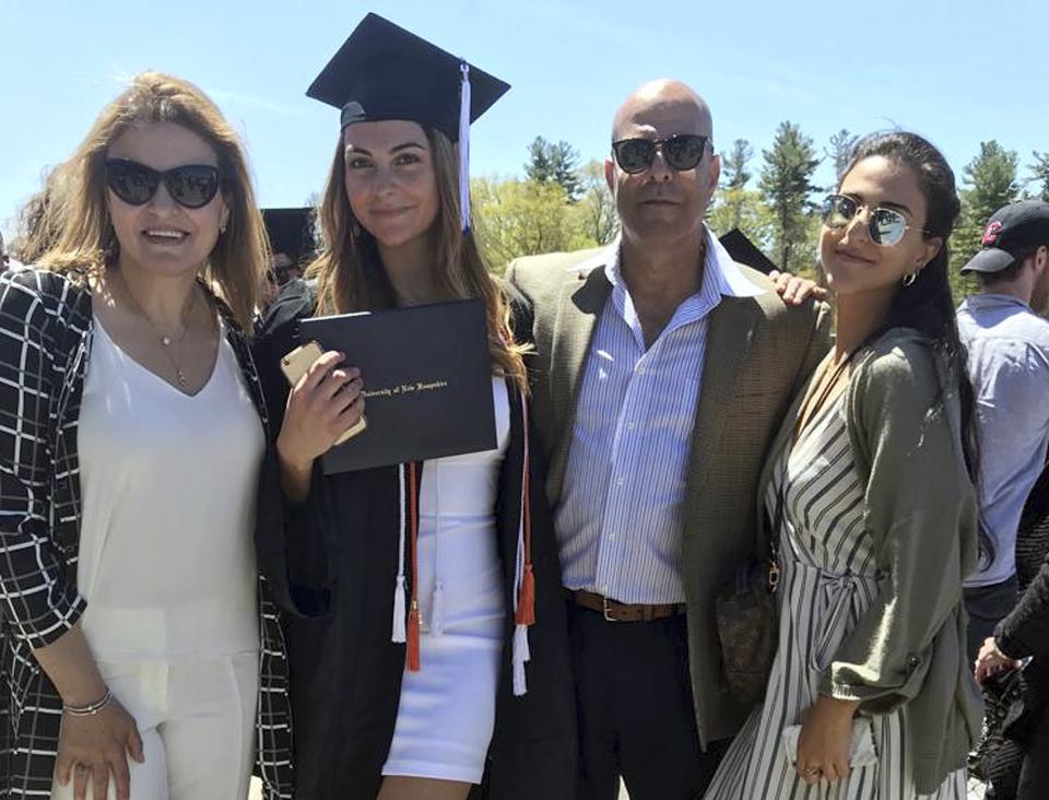 In this May 2019 photo provided by Guila Fakhoury, her father Amer Fakhoury, second from right, gathers with family members at the University of New Hampshire in Durham, N.H. Amer Fakhoury, a U.S. citizen living in Dover, N.H., went to visit family in his native Lebanon in September after a 20-year absence, and has been jailed there by authorities since. (Guila Fakhoury via AP)