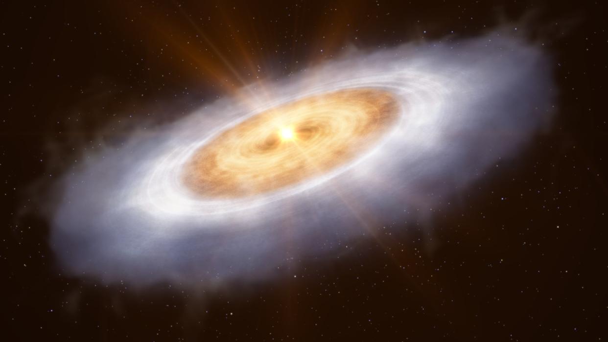  an illustration of a bright disk of material in space. the disk is white on its outer edges and yellow and red in its center 