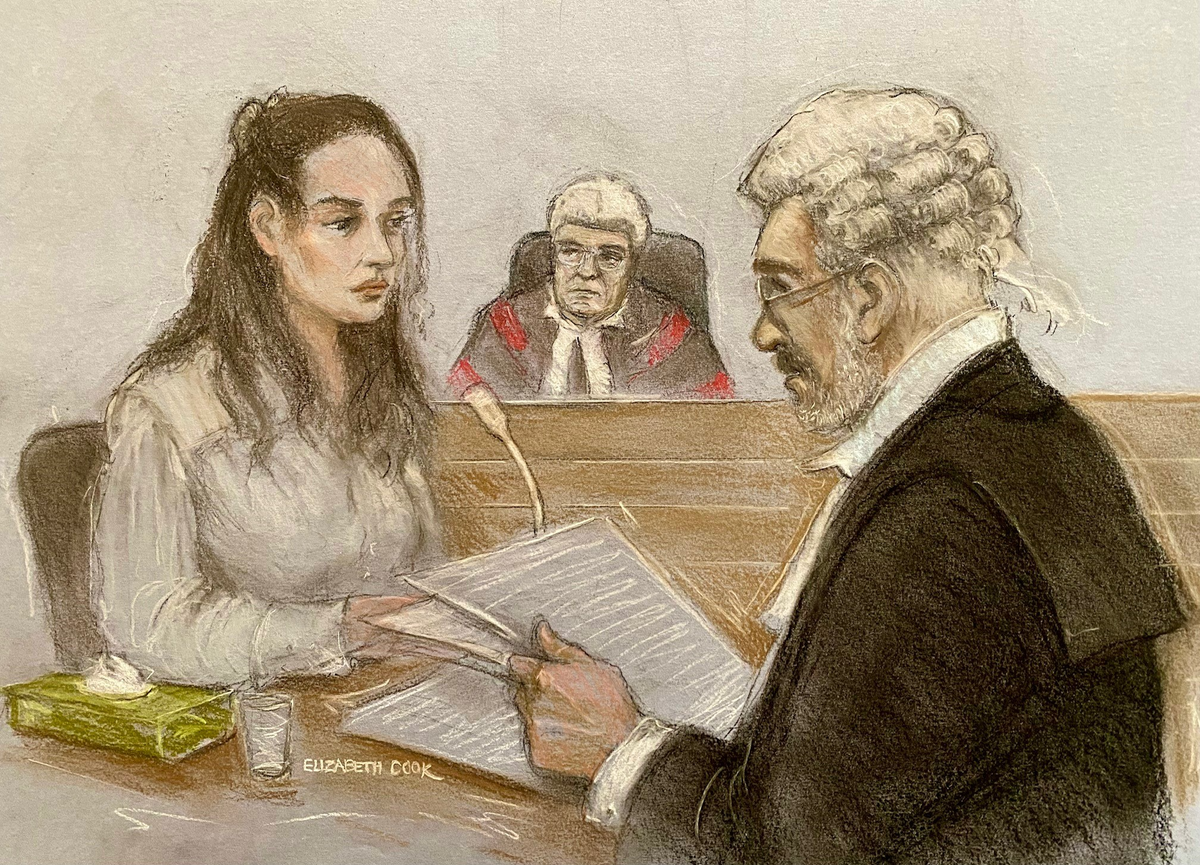 Court artist sketch of Constance Marten being questioned by her barrister Francis FitzGibbon KC at the Old Bailey on Thursday (Elizabeth Cook/PA Wire)
