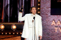 <p>Despite being the only nominee for Best Leading Actor in a Musical, it wasn't completely guaranteed that <a href="https://ew.com/tag/aaron-tveit/" rel="nofollow noopener" target="_blank" data-ylk="slk:Aaron Tveit;elm:context_link;itc:0;sec:content-canvas" class="link ">Aaron Tveit</a> would <a href="https://ew.com/awards/tony-awards/aaron-tveit-wins-tony-moulin-rogue/" rel="nofollow noopener" target="_blank" data-ylk="slk:take home his first Tony;elm:context_link;itc:0;sec:content-canvas" class="link ">take home his first Tony</a>, due to an arcane rule requiring him to receive at least 60 percent of the votes to win. The actor became visibly emotional during his acceptance speech, thanking "a group of people who, many years ago, took a chance on me" — the creative team of the musical <em>Catch Me If You Can</em>, including the late playwright Terrence McNally, who <a href="https://ew.com/theater/terrence-mcnally-playwright-dies-coronavirus-complications/" rel="nofollow noopener" target="_blank" data-ylk="slk:died of complications from COVID-19;elm:context_link;itc:0;sec:content-canvas" class="link ">died of complications from COVID-19</a> last year. "We are so privileged to do this," Tveit said, holding back tears. "Let us continue to strive to tell the stories that represent the many, and not the few."</p>