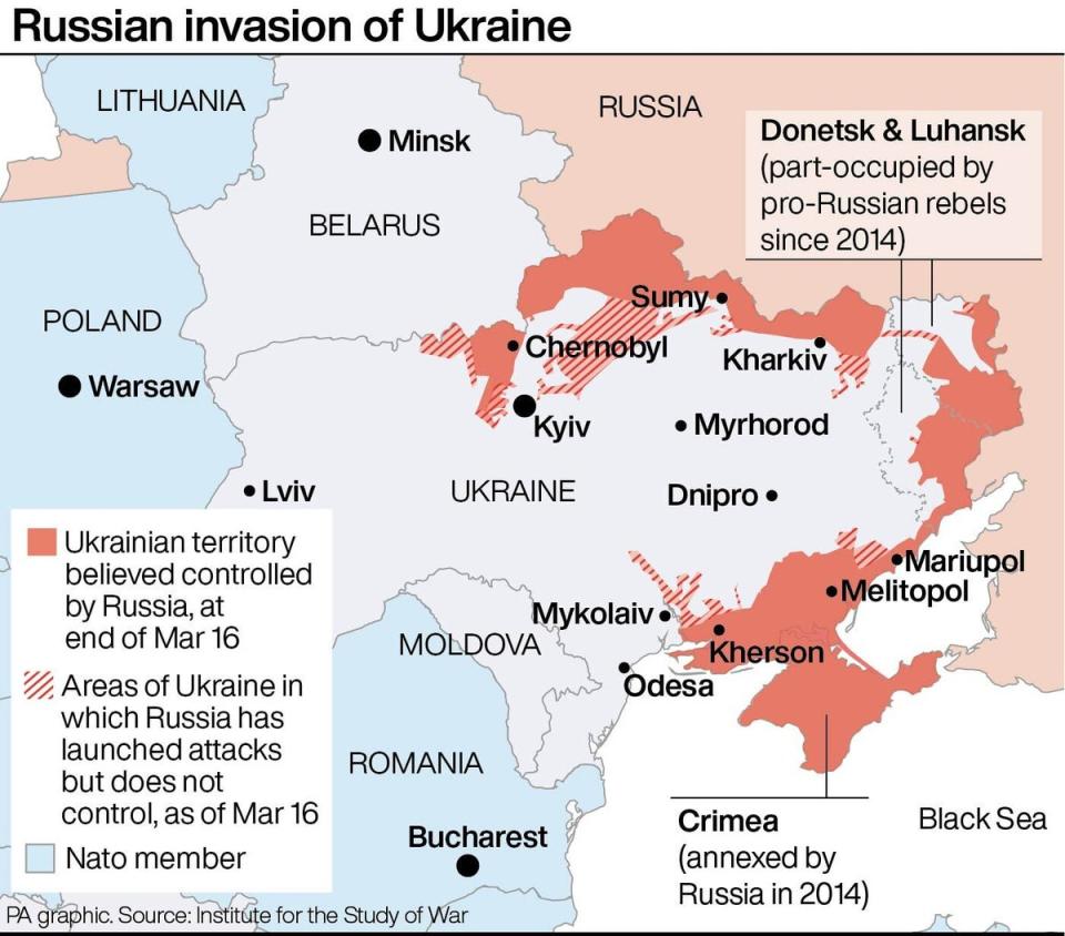 Este mapa muestra el alcance de la invasión rusa en Ucrania (PA)