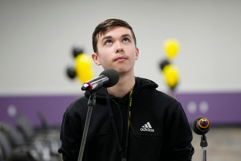 Aidan Benjamin, of Waldwick Middle School, looks up while thinking of how to spell a word, during one of the final rounds of the North Jersey Spelling Bee, at Bergen County Community College, in Paramus.  The eighth-grader came in the top five in the field of 55 Bergen County students. Tuesday, March 14, 2023