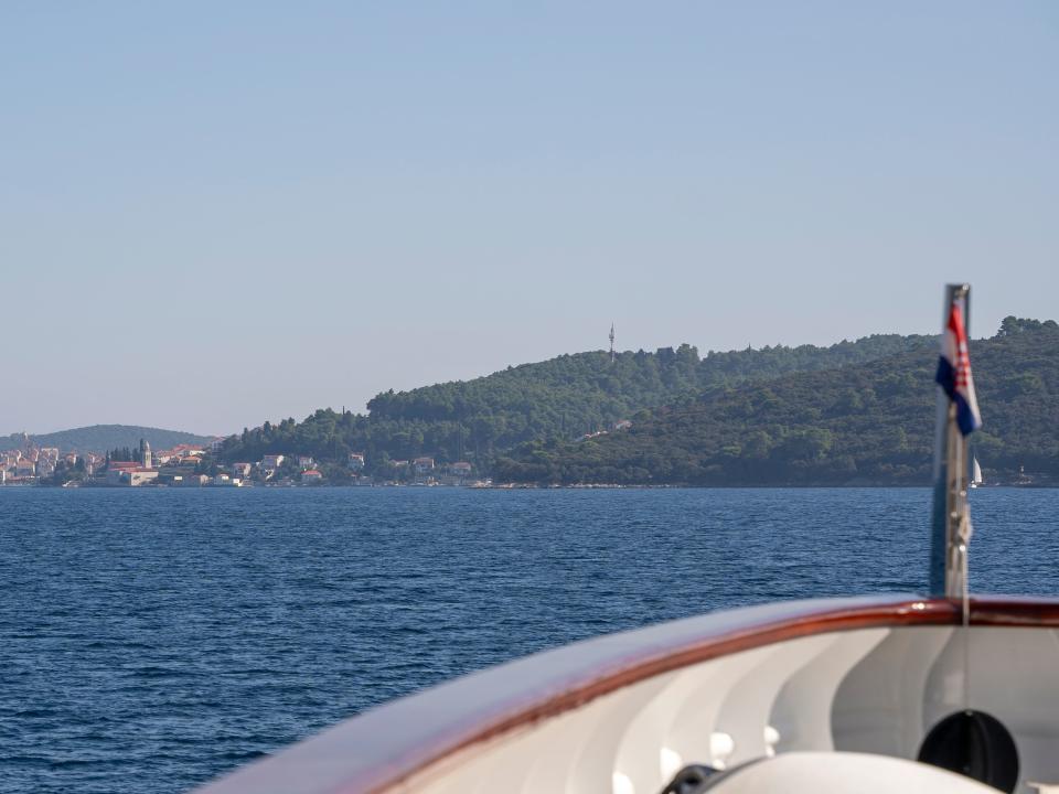 The front of the superyacht as it heads toward the shore.