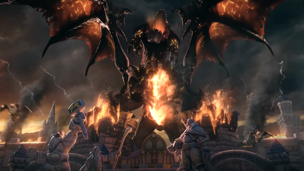  Deathwing roars with his wings spread over the smouldering ruins of Stormwind, in the WoW: Cataclysm Classic trailer. 