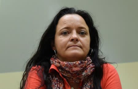 FILE PHOTO: Defendant Beate Zschaepe waits for the continuation of her trial at a courtroom in Munich, southern Germany, on August 1, 2017. Christof Stache/Pool via Reuters/File Photo