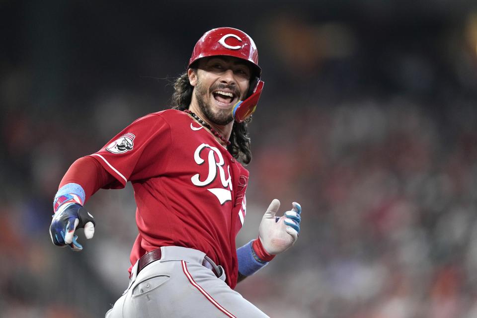 Cincinnati Reds' Jonathan India celebrates after hitting a home run against the Houston Astros during the eighth inning of a baseball game Sunday, June 18, 2023, in Houston. (AP Photo/David J. Phillip)