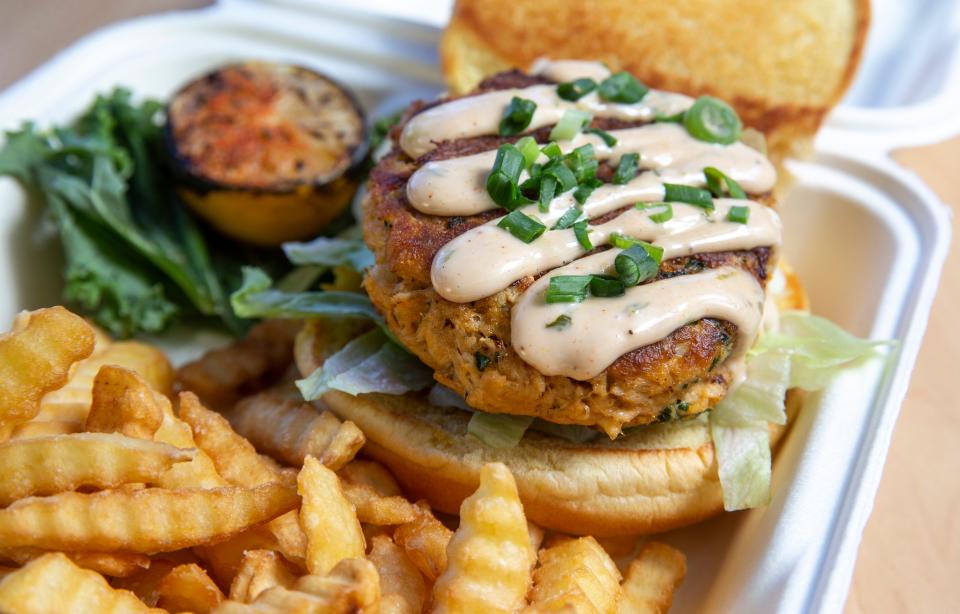 The crab cake sandwich at Sirens Seafood.