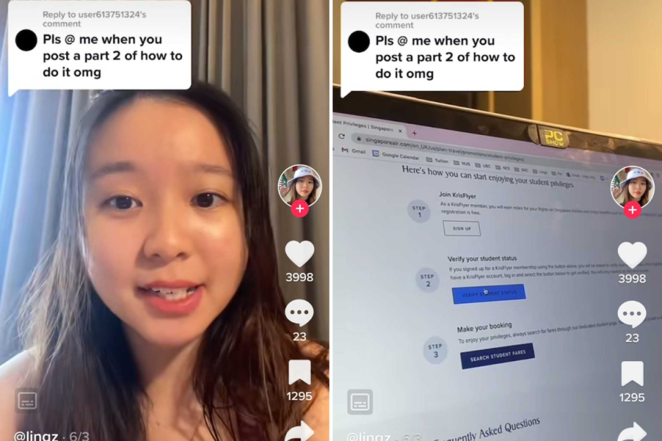 Two screenshots of Lingdingd0ng's posts about Singapore Airlines (SIA) student discounts on TikTok, one of which shows her face. (PHOTOS: Screenshots of Lingdingd0ng's TikTok video)