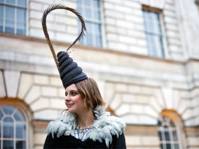 In front of British Fashion Council headquarters at Somerset House, London.