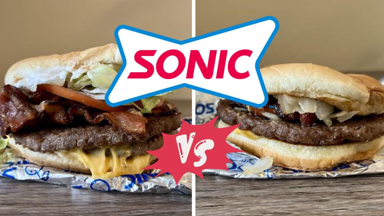 SuperSONIC Bacon Double Cheeseburger next to a Sonic Peanut Butter Bacon Cheeseburger with the Sonic logo above