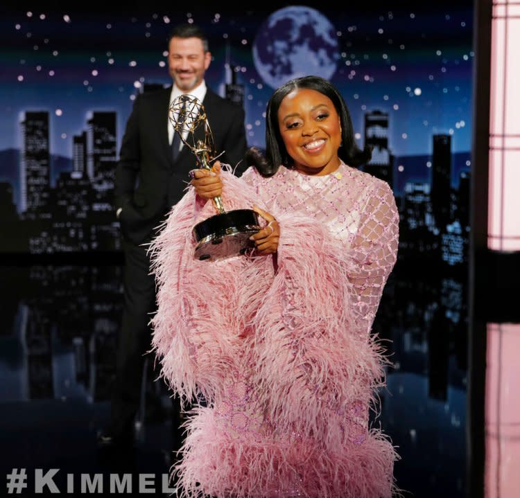 This image released by ABC shows “Abbott Elementary” creator Quinta Brunson during a taping of “Jimmy Kimmel Live!” on Sept. 14, 2022. (Randy Holmes/ABC via AP)