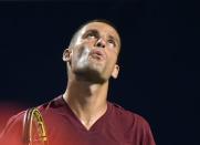 Jul 26, 2016; Toronto, Ontario, Canada; Mikhail Youzhny of Russia reacts to missing a shot against Stan Wawrinka of Switzerlandon day two of the Rogers Cup tennis tournament at Aviva Centre. Mandatory Credit: Dan Hamilton-USA TODAY Sports