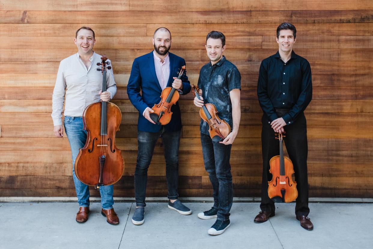 From left, cellist Brook Speltz, violinists Brendan Speltz and Adam Barnett-Hart, and violist Pierre Lapointe make up the Escher String Quartet, which performed Sunday at The Society of the Four Arts. Lapointe was ill and could not perform; he was replaced by Luke Fleming.