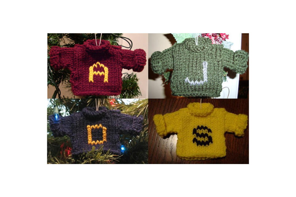 <p>One of the most precious Christmas gifts the orphaned Harry Potter ever received was the annual sweater made by Mrs. Weasley, which makes this hand-knitted ornament a heartwarming addition to your tree. <a rel="nofollow noopener" href="https://www.etsy.com/listing/64102699/harry-potter-weasley-sweater-christmas" target="_blank" data-ylk="slk:Buy here;elm:context_link;itc:0;sec:content-canvas" class="link "><strong>Buy here</strong></a> </p>