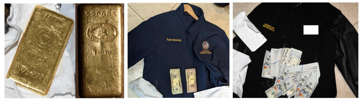 Three photos of gold bars and cash laid atop jackets bearing the name of the senator.