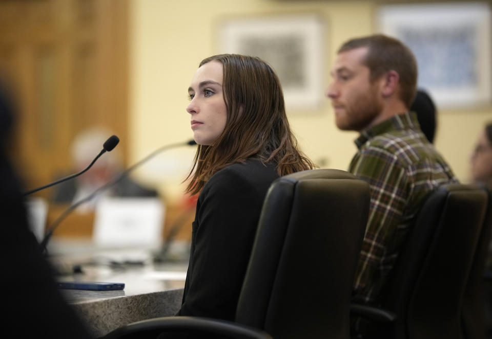 Riley Judd, a student at the University of Denver and a legislative intern, gives testimony during a Colorado Senate hearing on measures to address eating disorders Thursday, March 23, 2023, in the State Capitol in Denver. Lawmakers in states including Colorado, California, Texas and New York are taking big legislative swings at the eating disorder crisis that is bedeviling America's populous. (AP Photo/David Zalubowski)