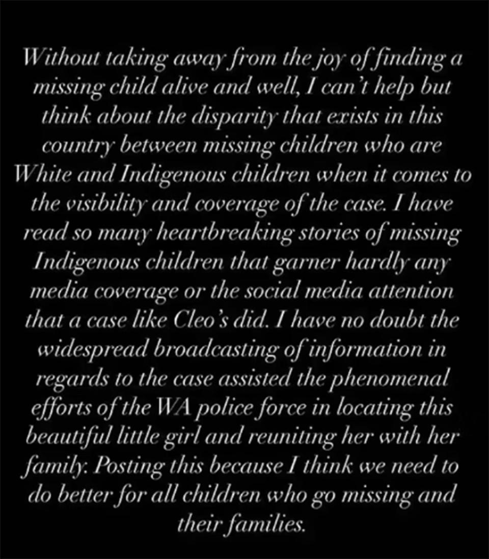 A screenshot of an Instagram post by Jesinta Franklin speaking about Indigenous missing children. Photo: Instagram/jesinta_franklin.