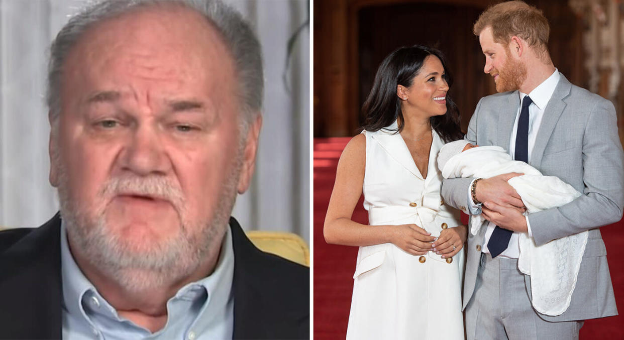 Thomas Markle (appearing on 'Good Morning Britain') and Meghan, Harry and their newborn son [Photos: GMB/PA]