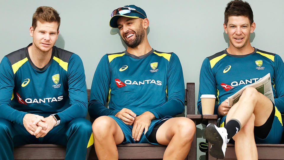 Pictured from left, Steve Smith, Nathan Lyon and Australian Test cricket captain Tim Paine.