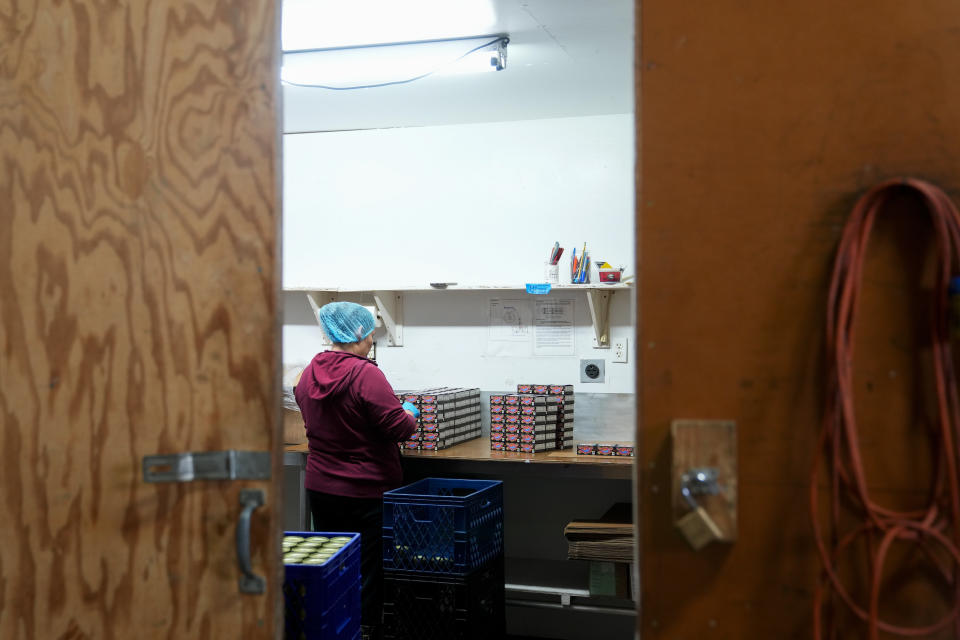 A worker packages products for Fishwife, a Los Angeles-based tinned fish company, Friday, Oct. 13, 2023, at a cannery in Bay Center, Wash. (AP Photo/Lindsey Wasson)