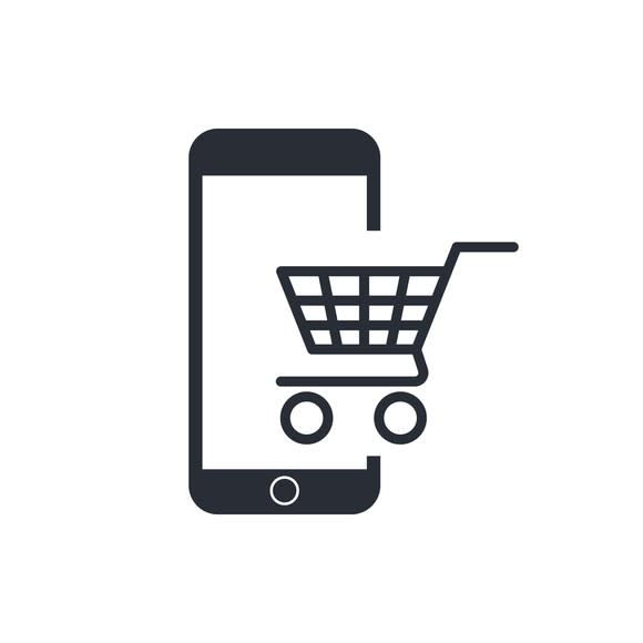 An illustration of a shopping cart and a mobile phone.