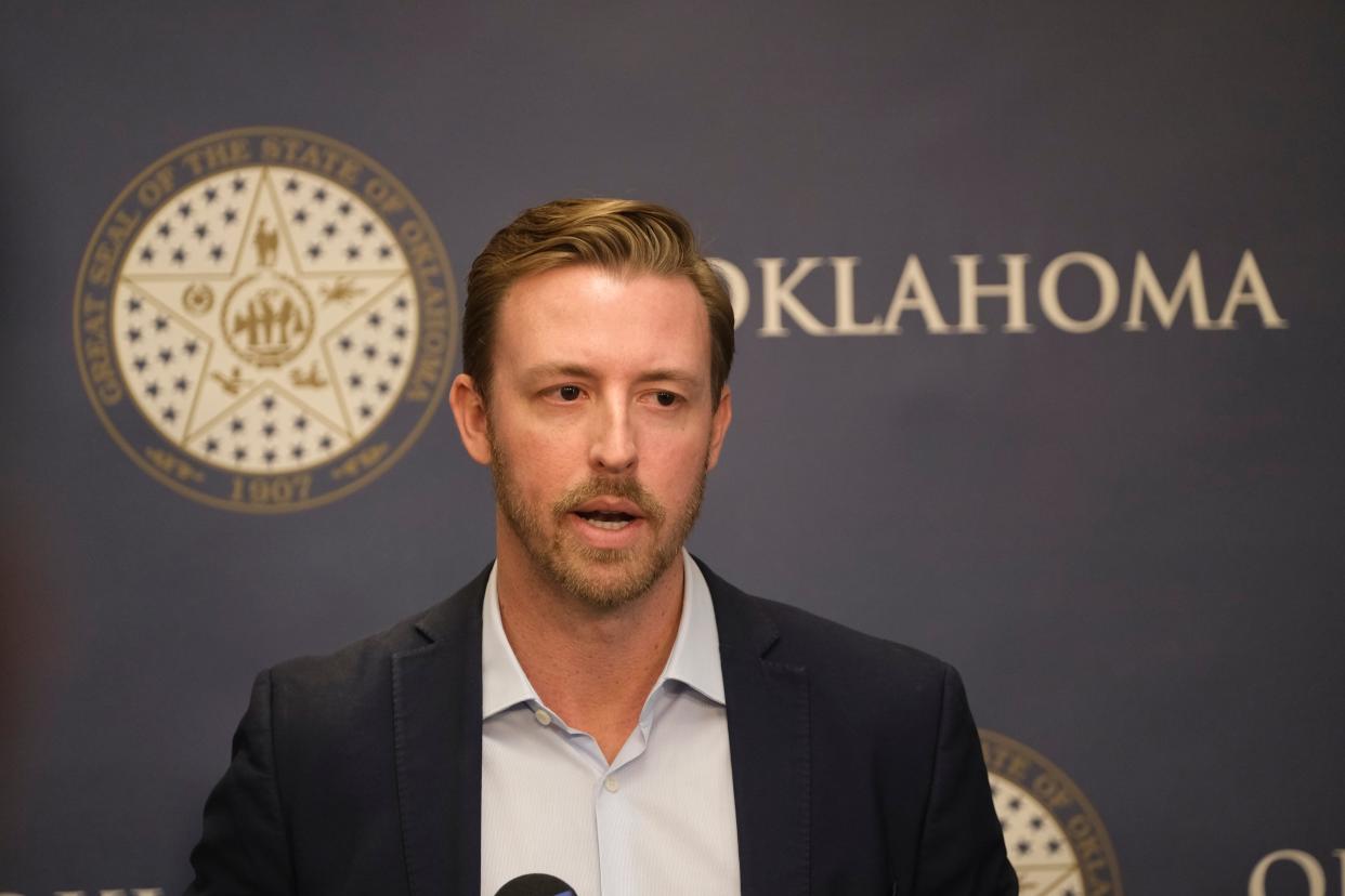 State Schools Superintendent Ryan Walters speaks to the media Jan. 31 about the teacher bonus program at the Oklahoma Capitol.