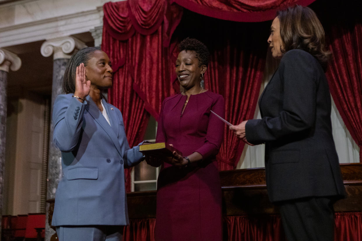 WASHINGTON, DC - OCTOBER 3: Sen. Laphonza Butler (D-CA) is sworn in by Vice President Kamala Harris in the Old Senate Chamber at the U.S. Capitol on October 3, 2023. Butler was appointed by Governor Gavin Newsom to the vacant Senate seat of California following the passing of Dianne Feinstein.
