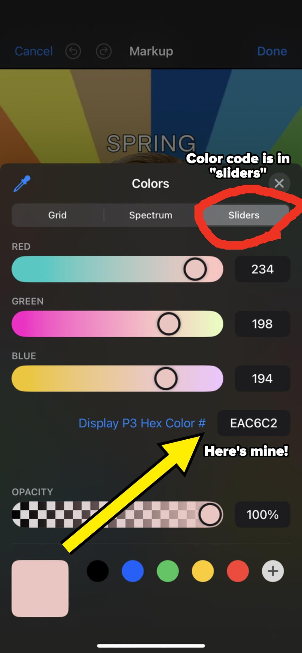 Image showing an iPhone Markup tool with color sliders open, featuring red, green, and blue sliders, an opacity slider, and a hex color display (