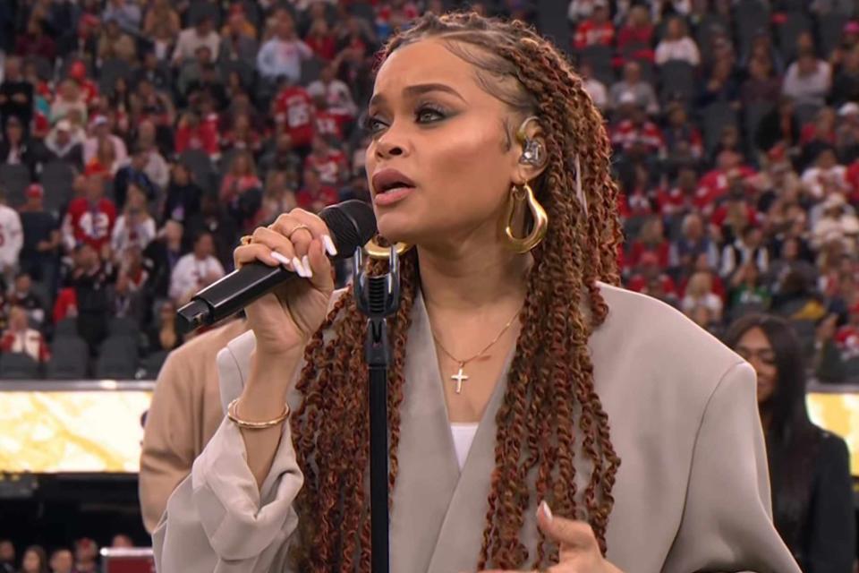 <p>CBS</p> Andra Day singing at the 2024 Super Bowl in Las Vegas on Feb. 11, 2024