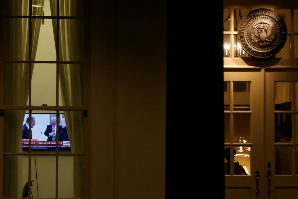 A television inside the White House on Monday night is tuned to an MSNBC report on Trump disclosing highly classified information to Russian officials. (Photo: Jonathan Ernst / Reuters)