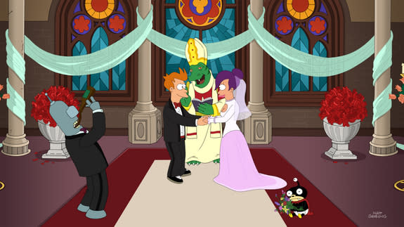 Fry and Leela get married in the finale of the animated sci-fi series "Futurama," which aired Sept. 4, 2013.