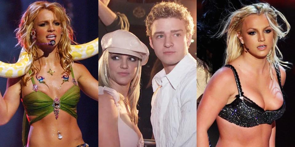 Britney Spears bei Auftritten und mit Justin Timerlake im Jahr 2002. - Copyright: Kevin Mazur/WireImage; Kevin Winter/Getty Images/Chris Polk/FilmMagic