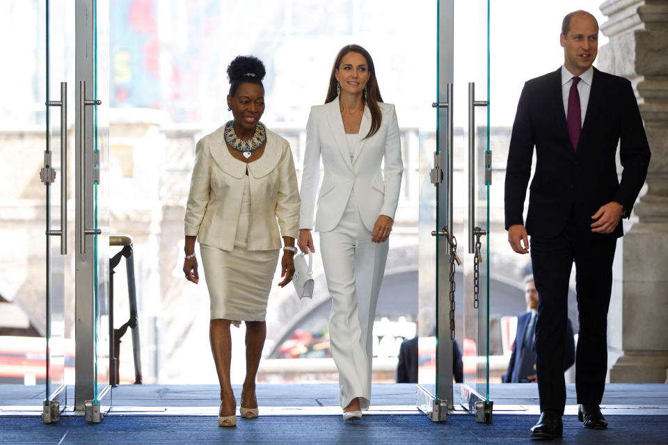 The Duke and Duchess of Cambridge were welcomed by Baroness Floella Benjamin at Waterloo Station where they are to attend the unveiling of the National Windrush Monument. (Getty Images)