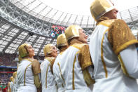 <p>Performers look on during the opening ceremony prior to the 2018 FIFA World Cup Russia Group A match between Russia and Saudi Arabia at Luzhniki Stadium on June 14, 2018 in Moscow, Russia. (Photo by Lars Baron – FIFA/FIFA via Getty Images) </p>