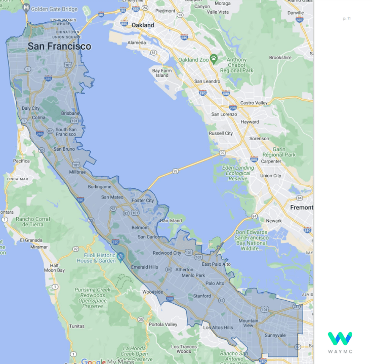 A slide from Waymo’s outreach presentation to public and private stakeholders in the peninsula shows the company’s planned expansion. Feb. 15, 2024 (Waymo via BCN)<br>