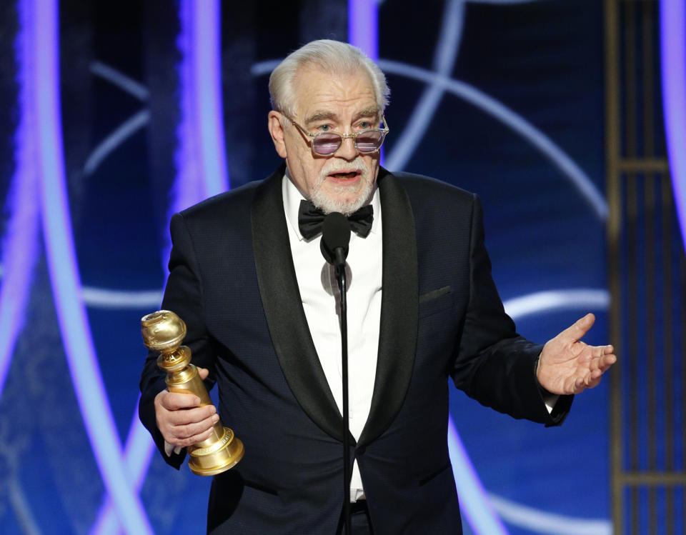 This image released by NBC shows Brian Cox accepting the award for best actor in a drama series for "Succession" at the 77th Annual Golden Globe Awards at the Beverly Hilton Hotel in Beverly Hills, Calif., on Sunday, Jan. 5, 2020. (Paul Drinkwater/NBC via AP)