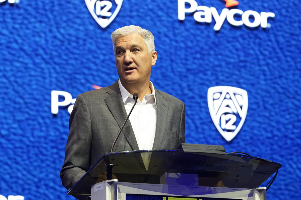 Pac-12 commissioner George Kliavkoff speaks at Pac-12 media day Friday, July 21, 2023, in Las Vegas. (AP Photo/Lucas Peltier)