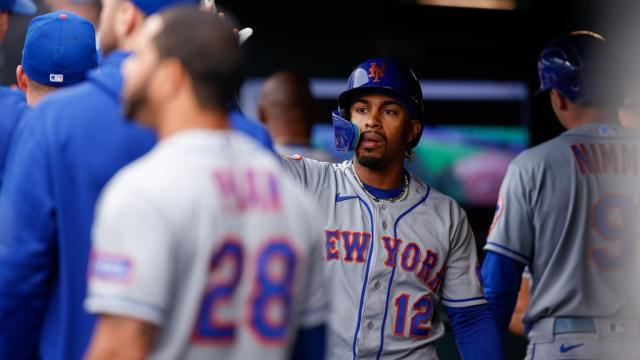 Francisco Lindor of the New York Mets celebrates after he drove in