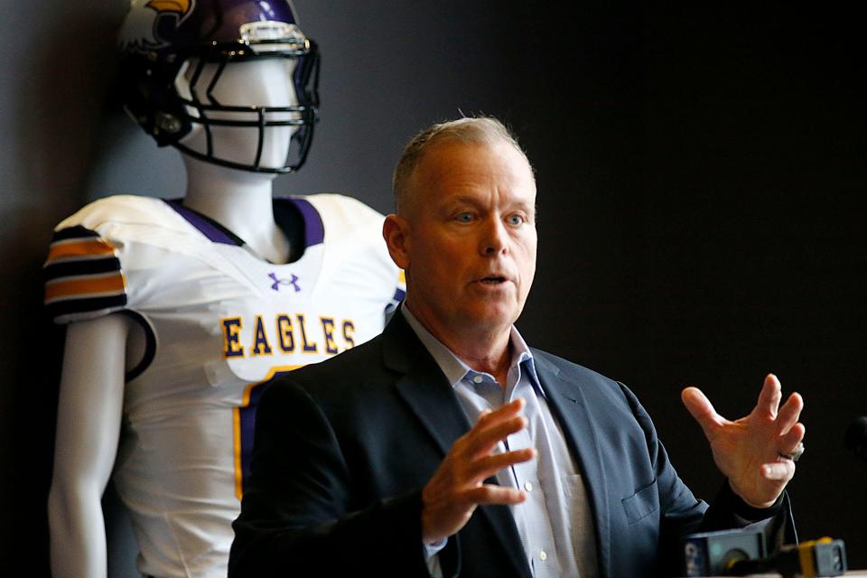 Lee Owens speaks at the press conference where he announced his retirement from head coach of the Ashland University football team Friday, Dec. 2, 2022. TOM E. PUSKAR/ASHLAND TIMES-GAZETTE