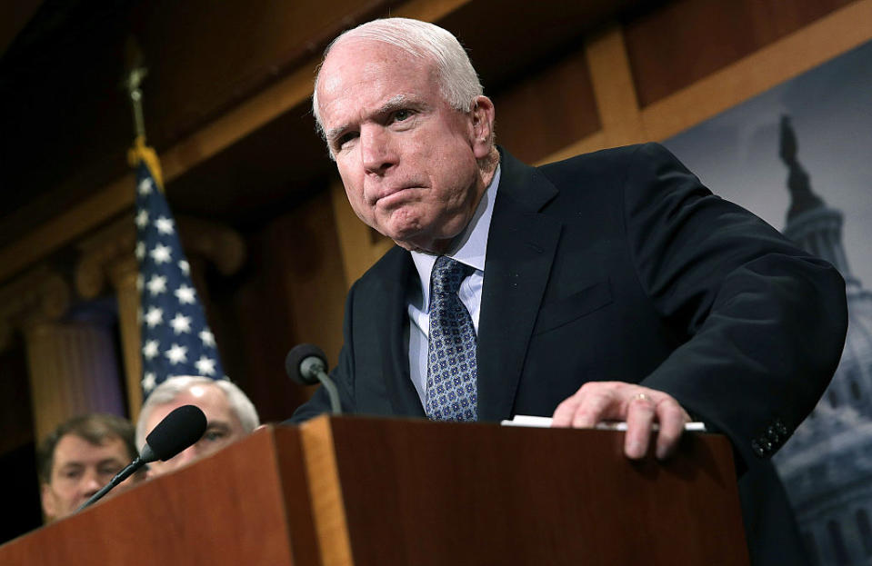 Senator John McCain speaks during a press conference in Washington, DC. 